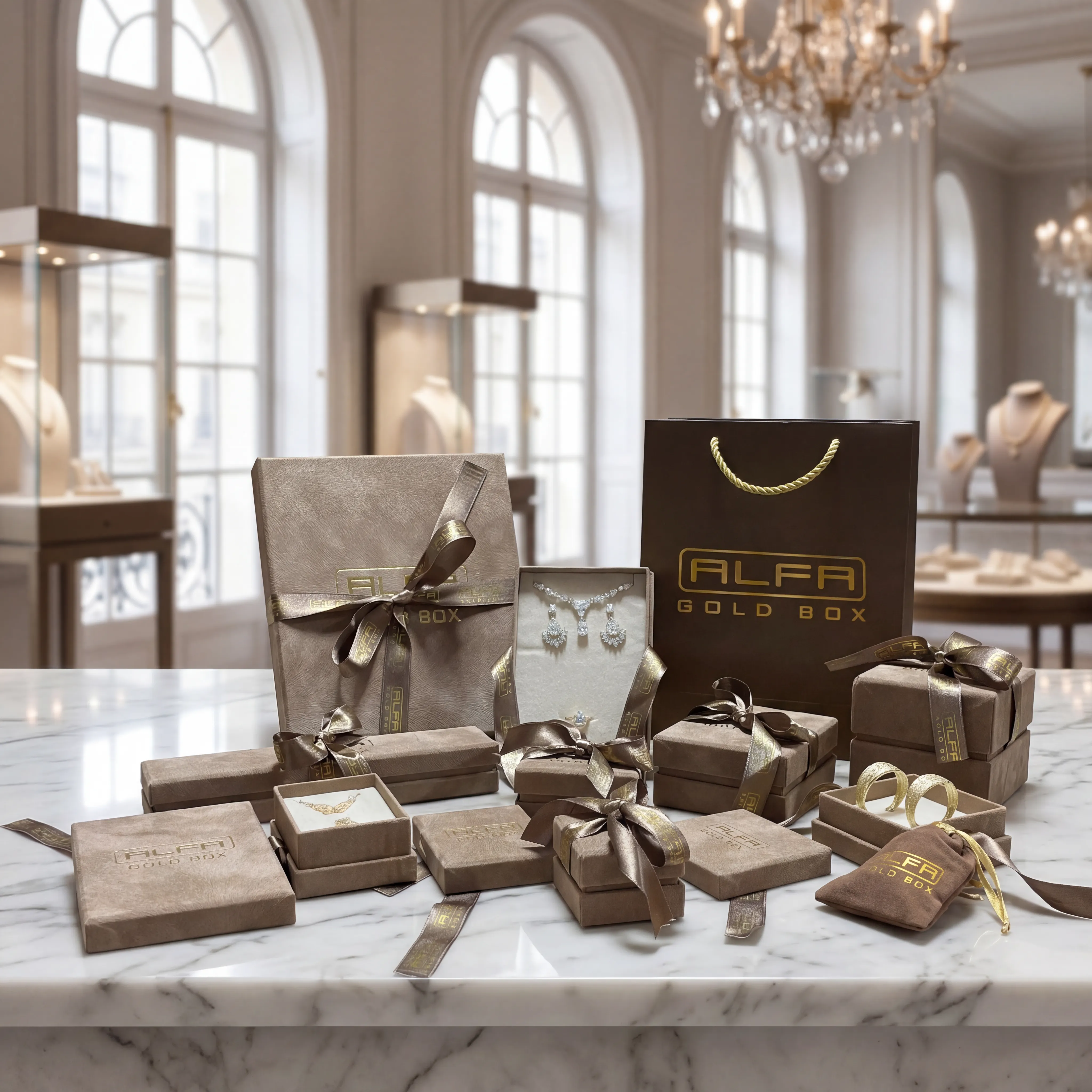 Flocked Paper Two Lid Rigid Box With Ribbon Custom Packaging Collection